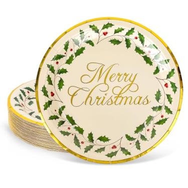 Imagem de Whaline 40 peças de pratos de papel de feliz Natal, folhas de azevinho, pratos descartáveis, folha de ouro, decoração para sobremesa, aperitivo, artigos de festa de Natal, 23 x 23 cm