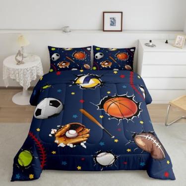 Imagem de jejeloiu Jogo de cama casal de basquete, futebol, jogos, esportes, para meninos, meninas, adolescentes e adultos, edredom azul escuro, futebol, tênis, respirável, macio, 3 peças