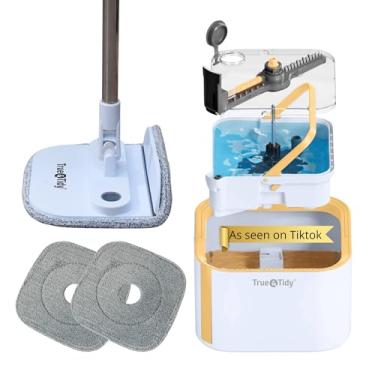 Imagem de True & Tidy Trueclean Spin Mop 2.0 Com Balde Interno Removível, Autoportante, Separa Água Limpa E Suja, Cabeça De Esfregão Quadrada Dobrável, Jato Triplo Com Escova Oculta, Almofadas Substituíveis D