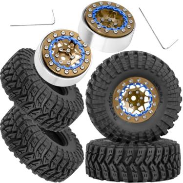 Imagem de RCarmubWow Conjunto de pneus Beadlock 1.3 para 1/18 Trx4m, 1/24 SCX24 FCX24 RC Crawler Carro, rodas e pneus Beadlock 1.3, rodas de liga de alumínio com pneus de borracha de terreno de lama de garra de