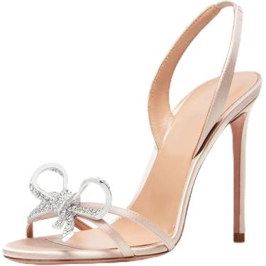 Imagem de Sandálias De Salto Alto Para Mulheres, Sandálias De Strass Com Laço Duplo Sandálias De Dedo Do Pé Redondo Aberto Elegante Sandálias De Festa De Salto Agulha Sexy, Beige, 8 UK