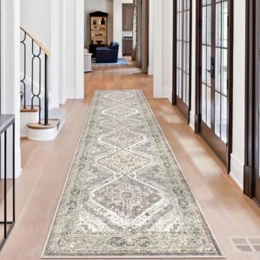 Imagem de KUTA Tapete de corredor de cozinha oriental, 6 x 25 cm, vintage, marfim, cinza, amarelo, marrom, lavável, antiderrapante, ultramacio, estampado, tribal, para quarto, entrada, sala de estar