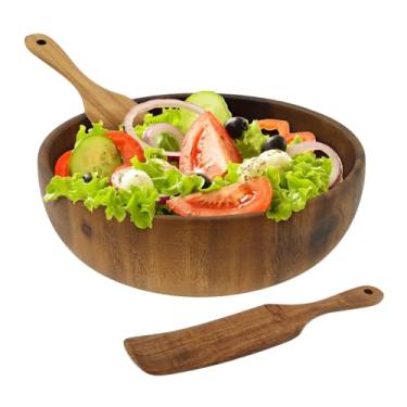 Imagem de KOUISYY Tigela de salada de madeira com espátula e garfo, tigela de servir redonda, conjunto de tigelas grandes com utensílios de servir, utensílios de cozinha multifuncional para saladas, sopas