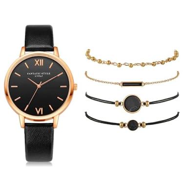 Imagem de Relógio Feminino Dourado + 4 Pulseiras Analógico Com Pulseira De Couro De Luxo Elegante Importado Quartzo Preto Com Dourado
