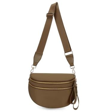 Imagem de Pochete feminina acolchoada de poliuretano, bolsas transversais com rebite e borla cravejada, Marrom, 11 inches x 4.5 inches x 8.6 inches, Material de nylon, zíperes duplos