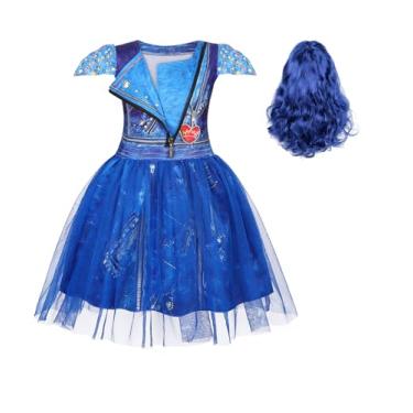 Imagem de WonderBabe Evie Descendants Costume Girls Inspired Zipper Jacket Short Sleeve Tulle Mesh Dress Princess Fancy Dress Up Outfits with Bule Wig 9 10