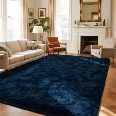 Imagem de Rtizon Tapete felpudo para quarto, 1,5 x 2,3 m para sala de estar, tapete de pelúcia com fundo antiderrapante para escritório, meninas, meninos, cabeceira, berçário, quarto de bebê, azul marinho