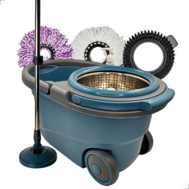 Imagem de Mop Giratório Cesto Inox Com Rodas 16L 3 Refis Limpeza Esfregão INMA E