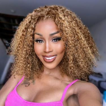 Imagem de HIRIREMY Ombre Highlight Deep Wave Curly BOB Lace Front Wigs cabelo humano pré-arrancado Wear And Go Glueless mel loiro e marrom 13x4 HD curto encaracolado frontal BOB perucas para mulheres negras
