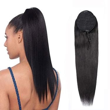 Imagem de Extensão de cabelo humano rabo de cavalo cabelo liso cordão cor preta natural para mulheres clipe em extensões de cabelo rabo de cavalo (cabelo liso, 50,8 cm)