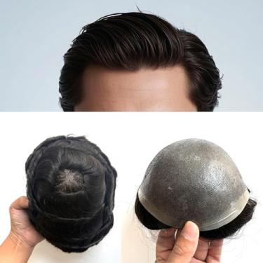Imagem de Hywel Toupee masculina com cabelo humano real, pele macia completa peruca de nó único para homens, espessura (08-10 mm) sistema de cabelo ondulado natural tamanho base 17 x 23 polegadas, peças de