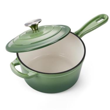 Imagem de Onader Panela de molho de ferro fundido, panela pequena de 2 litros com tampa, panela de cozinha de forno holandês de ferro fundido esmaltado – verde pistache