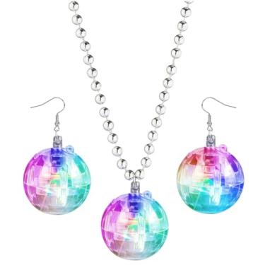 Imagem de JICASTO Brincos e colares de bola de discoteca LED, 2 peças de conjunto de bolas de discoteca iluminadas dos anos 70 e 80 para lembrancinhas de festa de discoteca, acessórios de dança, fantasia