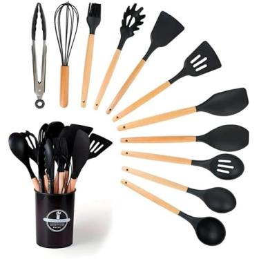 Imagem de Kit Utensílios de Cozinha Silicone 12 Peças Espátulas Pegadores Colheres e Concha Antiaderente Resistente ao Calor Ideal para Panelas Antiaderentes -(Preto)