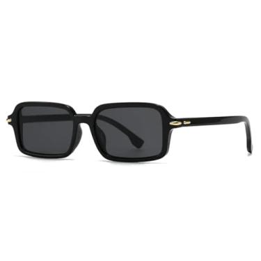 Imagem de Óculos de sol retangulares com rebites retrô, óculos de sol femininos, proteção UV400, armação de lentes transparentes, moda masculina (preto e cinza)