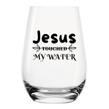 Imagem de YJXIN Copo de vinho engraçado sem haste Jesus Touched My Water Presente de aniversário para alguém que ama beber lembrancinhas de despedida de solteiro 500 ml, transparente