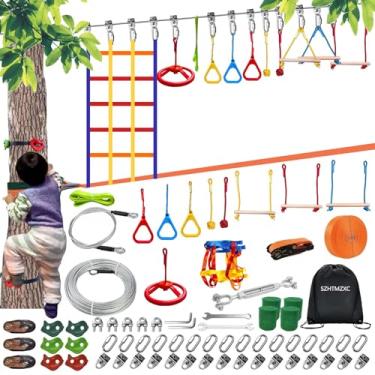 Imagem de SZHTMZXC WISUAEST 2 x 55FT Ninja Warrior Obstacle Course for Kids Backyard Outdoor, 500 Lbs Stainless Steel Rope, Ninja Bottom Slackline, Monkey Bars (55FT 11Pcs Ratchet Bottom Rope Tree Climbing)