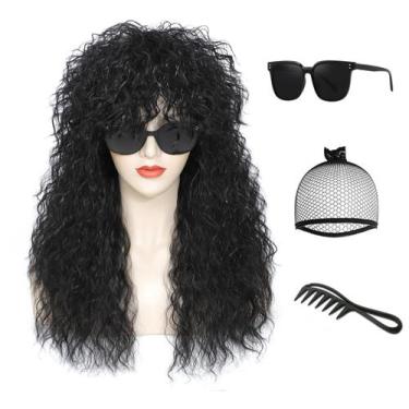 Imagem de Peruca de fantasia adequada dos anos 80 Rocker Mullet Long Curly Black