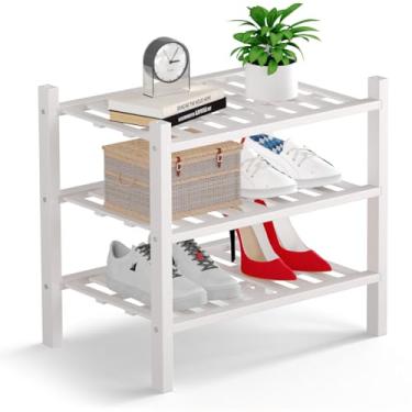 Imagem de Haddockway Pequeno organizador de armazenamento de sapatos de bambu de 3 níveis, prateleira empilhável multifuncional com painel de grade para armário, corredor, entrada, espaço pequeno 46 x 28 x 43