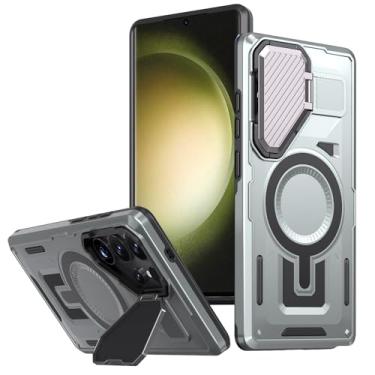 Imagem de THMEIRA Capa magnética Armor para Samsung Galaxy S23 Ultra (6,8 polegadas) compatível com MagSafe, com suporte versátil para câmera, proteção de nível militar, anti-impressão digital, durável, cinza