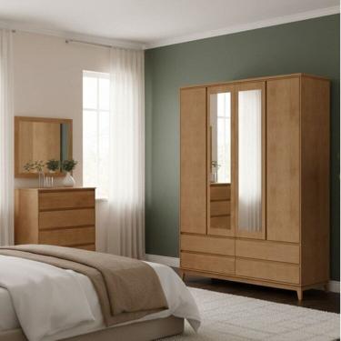 Imagem de Conjunto Guarda Roupa + Cômoda 4 Gavetas + Moldura com Espelho -Madeira Maciça e MDF Finestra Móveis Freijó