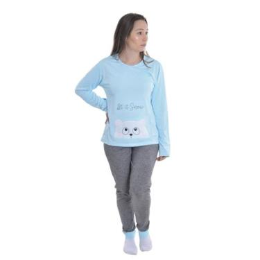 Imagem de Pijama Feminino Suede Bordado Victory, GG, Azul pluma