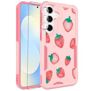 Imagem de Ftonglogy Capa para Samsung Galaxy S25 FE com protetor de tela + protetor de lente de câmera: linda flor floral fruta design para meninas mulheres fina TPU bumper silicone capa de celular (morango)