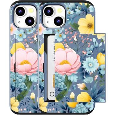 Imagem de MUQR Capa compatível com iPhone 15 com porta-cartão fofo - Design Kawaii, proteção contra quedas de grau militar, capa carteira robusta para mulheres (flores de peônia azul)