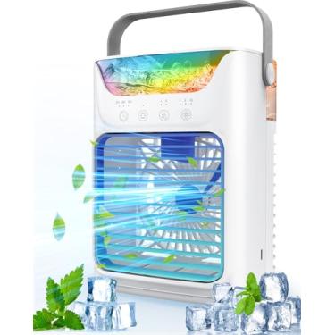 Imagem de Ventilador de ar condicionado portátil de resfriamento instantâneo e contínuo com 3 velocidades, 2 configurações de névoa, 650 ml, 7 luzes coloridas, mini refrigerador de ar evaporativo pessoal para