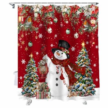Imagem de Cortina de chuveiro, boneco de neve, árvore de Natal, cortinas de chuveiro para decoração de banheiro, poinsétia, pinha, vermelha, conjunto de cortinas de banho com ganchos para decoração de casa, à