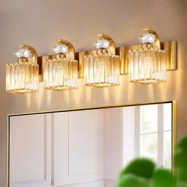 Imagem de Luminária moderna para banheiro, 4 luminárias douradas de 4 luzes sobre o espelho, arandela de parede de cristal de 72 cm para banheiro/quarto/penteadeira, inclui lâmpadas de LED, fácil instalação