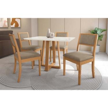 Imagem de Conjunto Sala de Jantar Elma Premium Madeira Maciça c/ Tampo Madeirado c/ Vidro 120x80cm e 4 Cadeiras Alice Carvalho/Off White - Boucle Bege Fendi-Kap
