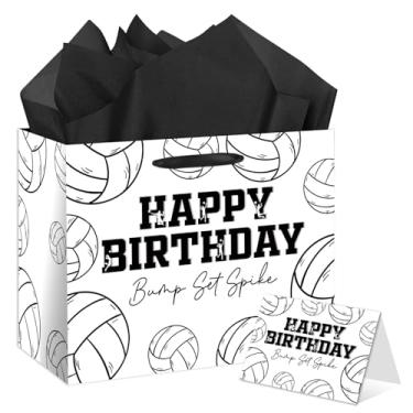 Imagem de HSKMAKE Bolsa grande de presente de voleibol, com tema de voleibol, preto e branco, com cartão e papel de seda, sacolas de presente de festa esportiva, para meninos, meninas, fãs, suprimentos de
