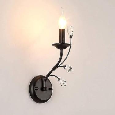 Imagem de Luminária de parede europeia, luminária de parede retrô com vela, luminária de parede industrial americana com decoração de cristal, arandela preta E14, lustre interno de 11,8 polegadas,