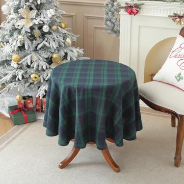 Imagem de ZIQINPSQ Toalha de mesa redonda de tecido para sala de jantar, toalha de mesa com estampa xadrez estilo britânico, capa de mesa de Natal e feriado (azul e verde, 139 cm redonda)
