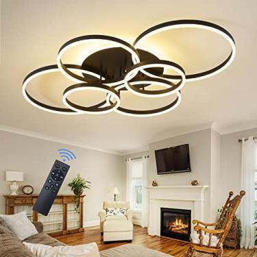 Imagem de Luminária de teto LED moderna 88W Luminária de teto regulável com controle remoto 5 anéis Luminária de teto embutida Lustre de teto preto para sala de estar, sala de jantar, cozinha, quarto