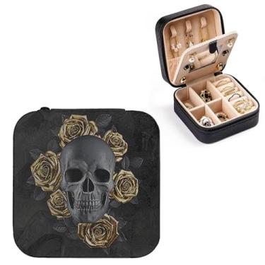 Imagem de Artinhand Caveira preta com rosas douradas, pequena caixa de joias de viagem com espelho, caixa de couro PU preto portátil, brincos, colares, pulseiras, organizador de armazenamento, presente para