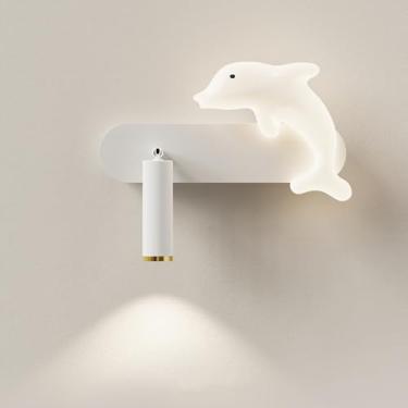 Imagem de Luminária de parede LED moderna branca giratória para leitura, luminária de cabeceira com controle remoto, decoração de quarto com desenho animado, golfinho, estrela