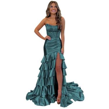Imagem de Vestido de formatura formal Mollyevers 2025 Peacock Winter Satin Ruffl