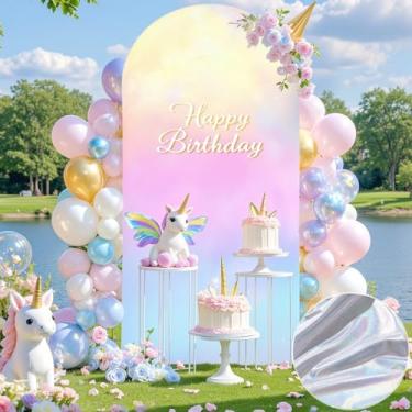 Imagem de Capa de fundo de arco de metal arco-íris prata 2,2 m com glitter, lantejoulas, arco elástico, capa de fundo brilhante para festa de casamento de elastano para chá de bebê, festa de aniversário, sessão