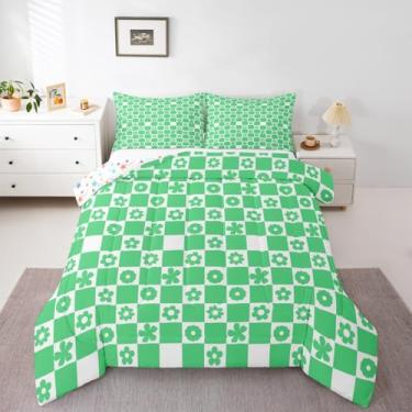 Imagem de Feelyou Jogo de cama solteiro com estampa de xadrez verde, floral, para crianças, meninos, meninas, quadriculado, quadriculado, quadriculado, geométrico, decoração de quarto de microfibra, 2 peças com