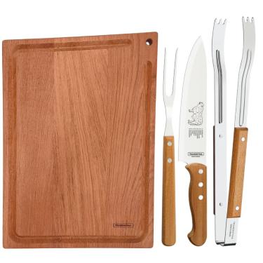 Imagem de Kit para Churrasco Tramontina com Pegador Faca e Garfo Trinchante + Tabua de Corte 20x33cm