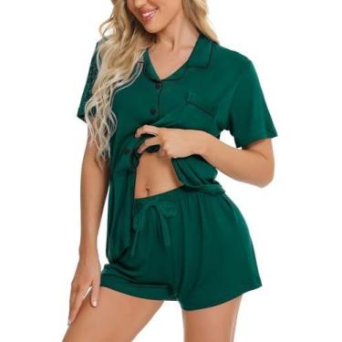 Imagem de Conjunto de pijama SWOMOG de manga corta con botones, verde, talla XS