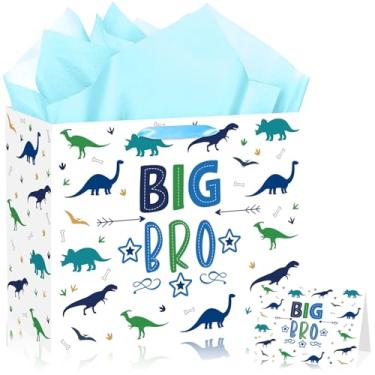 Imagem de JORHANCE Sacos de presente Big Brother com papel de embrulho de dinossauro e cartão de aniversário - Presentes Big Brother para meninos - Bolsa de presente grande para presente de aniversário para