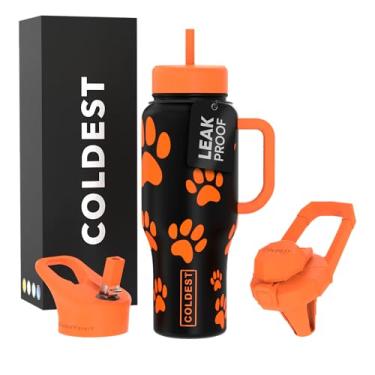 Imagem de Copo Coldest com alça e canudo, copo isolado 100% à prova de vazamento com tampa e canudo (3 tampas), copos de aço inoxidável para mulheres e homens, base compatível com porta-copos, 1,020 g (patas de