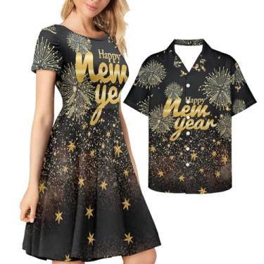 Imagem de AmzPrint Camisa e vestido de Natal para casais, elegante, manga curta, gola redonda, coquetel, verde, vestido rodado de Natal, Ano Novo, GG