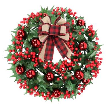 Imagem de Guirlandas de Natal para decoração externa da porta da frente, enfeites de frutas vermelhas de 50,8 cm, bolas, ramos de pinheiro, decorações de guirlanda artificial de inverno com laço xadrez para
