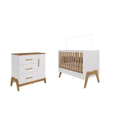 Imagem de Quarto Bebe Berço e Cômoda Moveis Peroba Guti Retro MDF, Branco Amêndo
