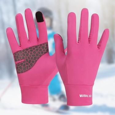 Imagem de Luvas de lã para meninos e meninas com tela sensível ao toque – Luvas térmicas leves antiderrapantes com fivela portátil para atividades de inverno ao ar livre (rosa vermelha, P)