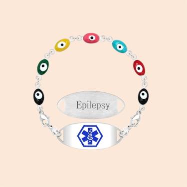 Imagem de Pulseira de alerta médico olho turco de aço inoxidável | Corrente ajustável com fecho de lagosta com placa de identificação substituível | Pulseira de identificação médica gravada personalizada